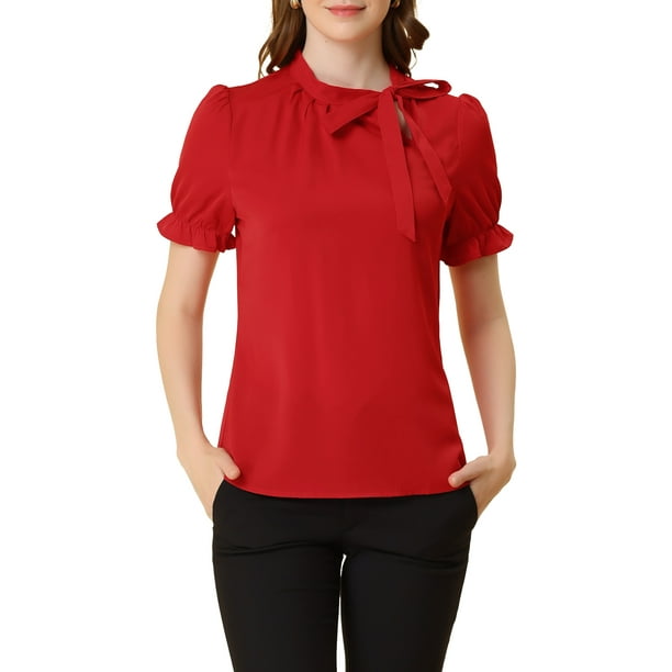 INSPIRAR CHIC Blusas de Verano para Mujeres de Color Sólido con Lazo en el Cuello y Mangas Cortas para Usar en el Trabajo Rojo XS