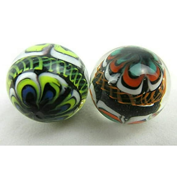 Big Game Toys ~Set of 2 RINKY-DINK16mm Handmade Art Glass Marbles Orange Blue Green Lattice Design