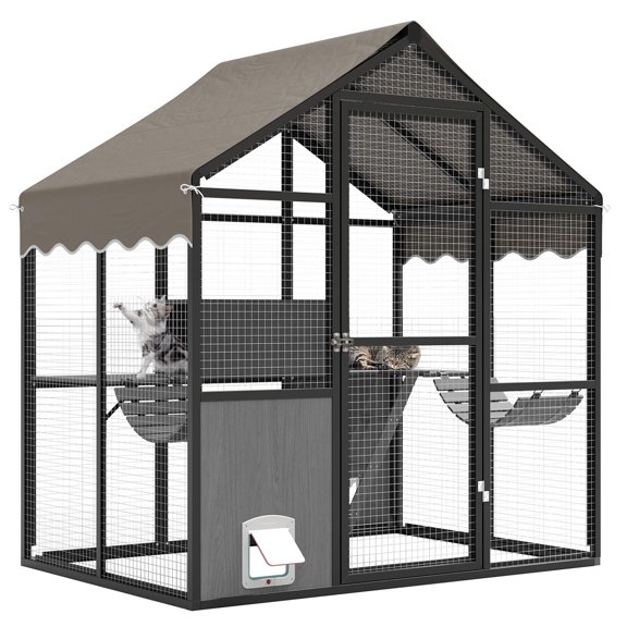 Aluminum Walk-In Large Outdoor Cat Enclosure,Large Outdoor Catio for Multiple Cats, Outside Cattery with Weatherproof Roof with Channels,Side Door,UV Proof Cover,Huge Condo,Platform(ship in 2 boxes)