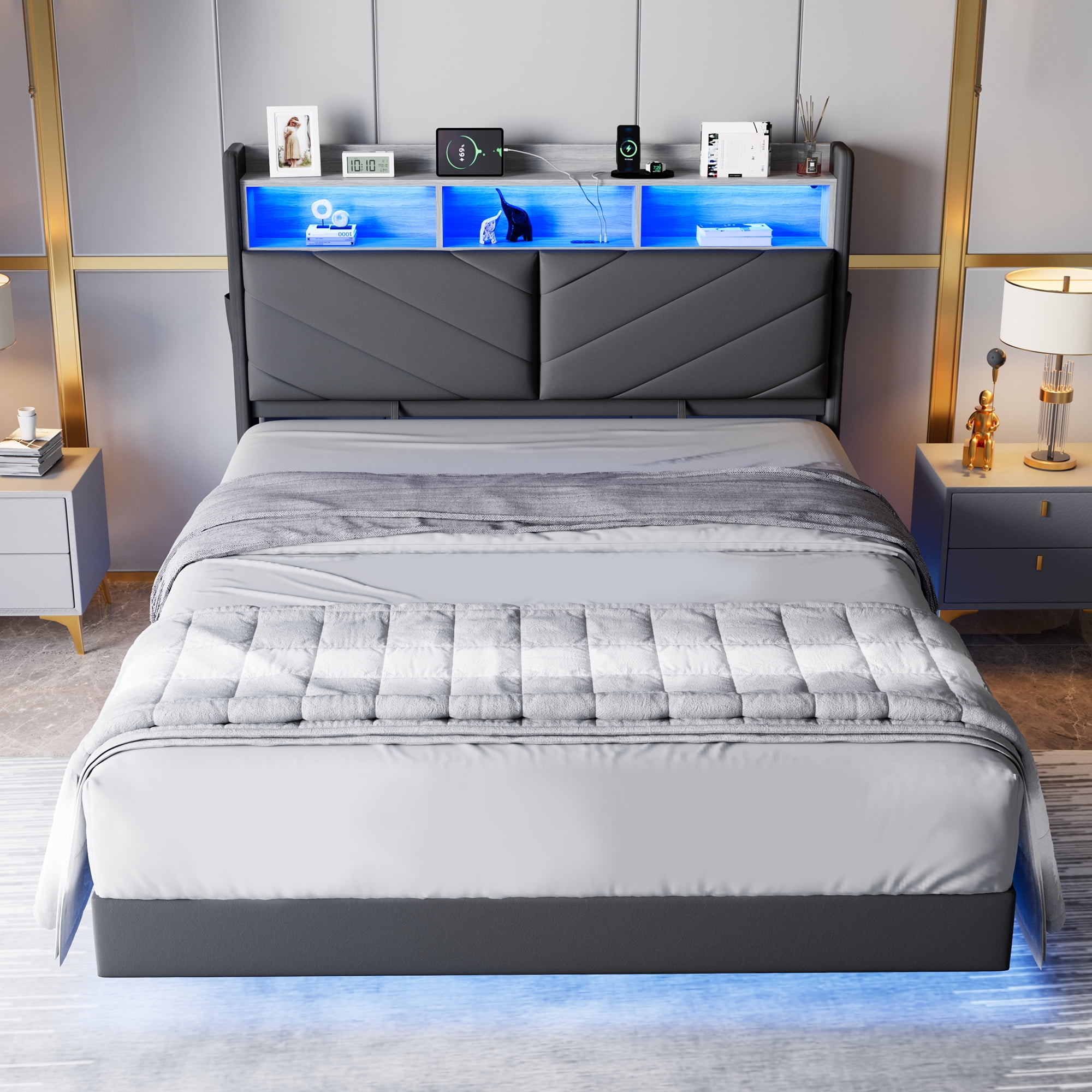 Anyact Full Size Floating Bed Frame with LED Upholstered Platform, Velvet Bed Frame & Ergonomic Storage Headboard, Charging Station, Gray
