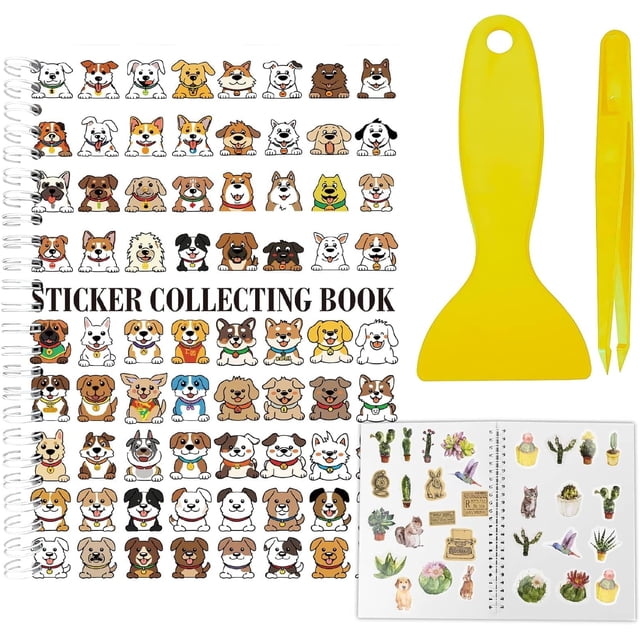 Álbum de pegatinas reutilizable con diseño de perro, tamaño A5, 40 hojas, organizador de pegatinas reutilizables, libro de almacenamiento con pinzas y espátula.