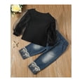 thumbnail image 3 of 2Pcs Little Girls Trousers Set Mesh Stitching Shirts Long Puff Sleeve Ribbed Round Neck Tops Star Snowflake High Waist Jeans Pant, 3 of 9