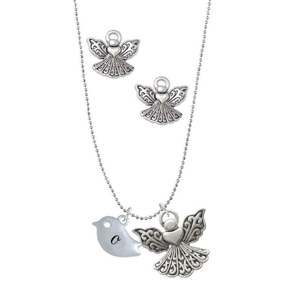Delight Jewelry Silvertone Little Bird Initial - O - Silver tone Guardian Angel Charm Necklace and Stud Earrings