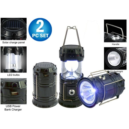 2pc Solar Rechargeable Tactical 3-in-1 Bright Collapsible LED Lantern, Flashlight, And USB Charging Station (Best Solar Crank Flashlight)