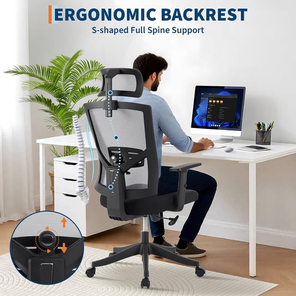 Historyli Ergonomic Office Chair-High Back Mesh Office Chair-Adjustable Mesh Desk Chair with Lumbar Support,Swivel Executive Chair on Rolling Wheels for Home Office-Black Gray