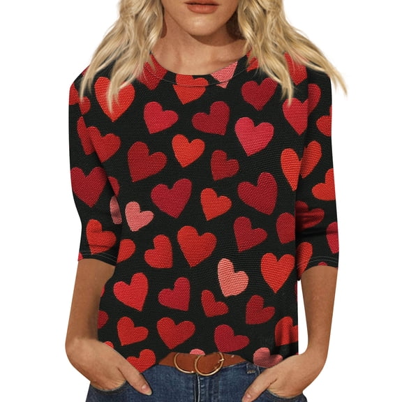 Fgvctg Valentine's Day Tops for Women 2025 Casual Crewneck 3/4 Sleeve Tops Plus Size Date Night Pullover Shirt Parade Sweet Love Heart Graphic Blouses Gifts for Women Purple Pink S