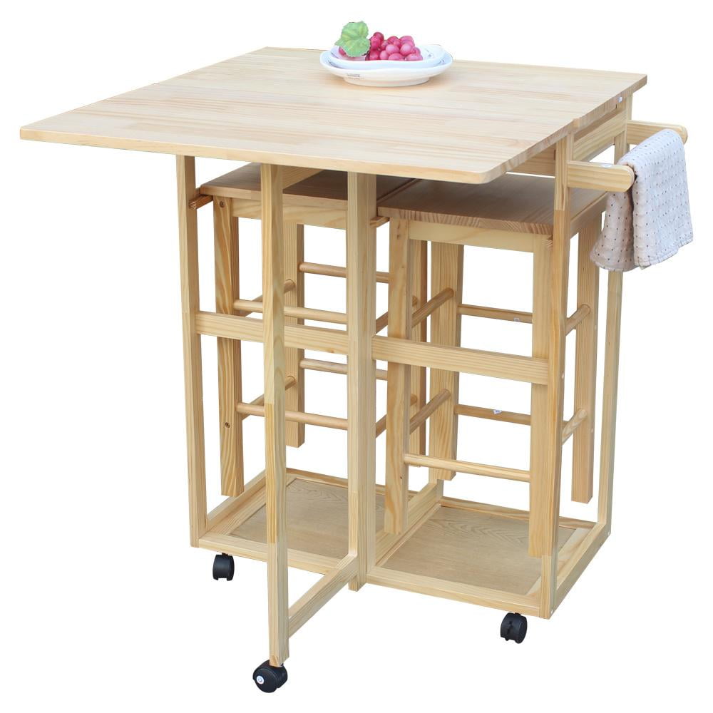 Foldable Dining Table Cart, Kitchen Carts with 2 Stools, 2 Storage Drawers, Drop Leaf Kitchen Utility Cart, Portable Dining Table Set Wheels for ...