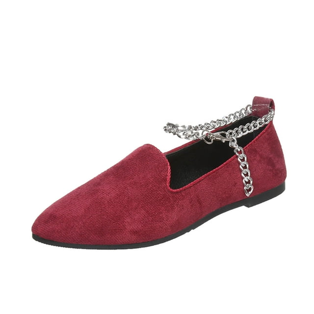 B91xZ Mocassin Pointu pour Femmes, Talon Bas, Bride Cheville, Chaussures Plates, Vin 5.5