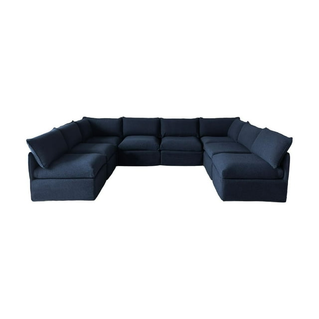 Blue U-shape modular patio sofa set with plush cushions designed for outdoor seating.
