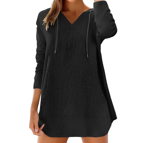Womens Shirts Women's Cotton Linen Long Sleeved Hooded T Shirt Beach Long Sleeved V Neck Large Pocket Shirt Top Womens Fashion Top Shirts