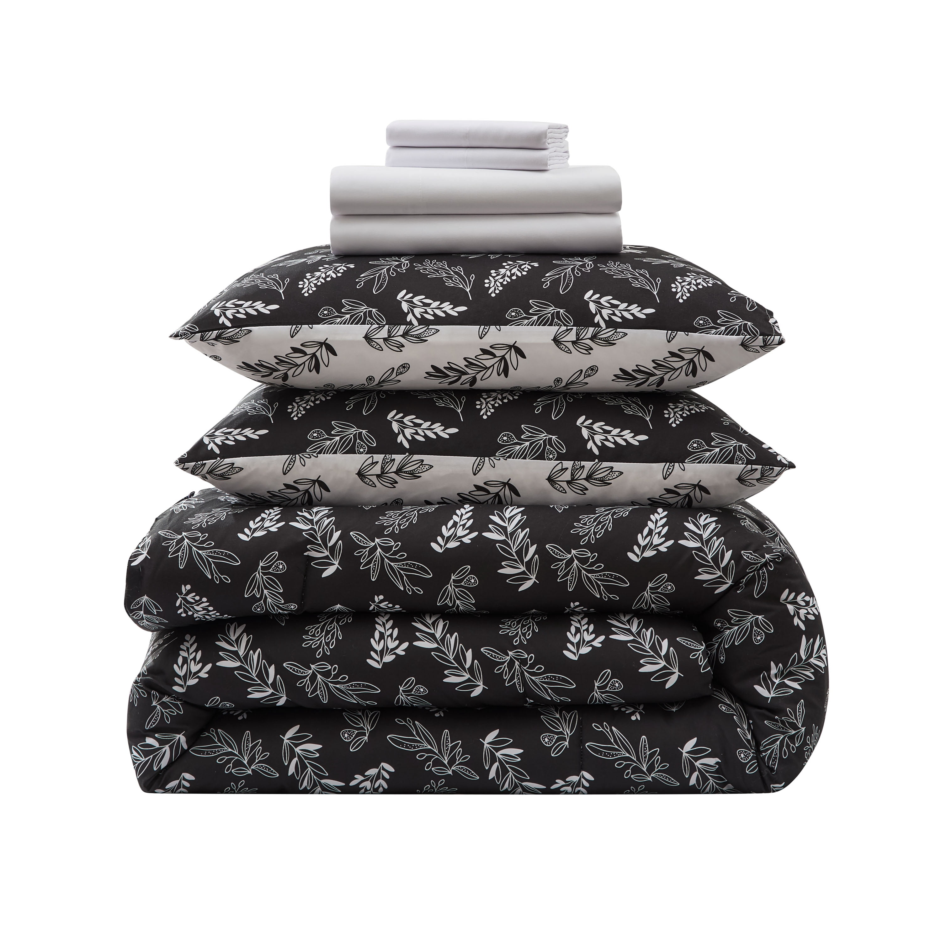 LammaLoe Twin XL Comforter Sets, 5 Piece Reversible Botanical Bed in a Bag, Dorm Bedding Comforter Set with Sheets, Modern Bed Set, Jet Black/Optical White