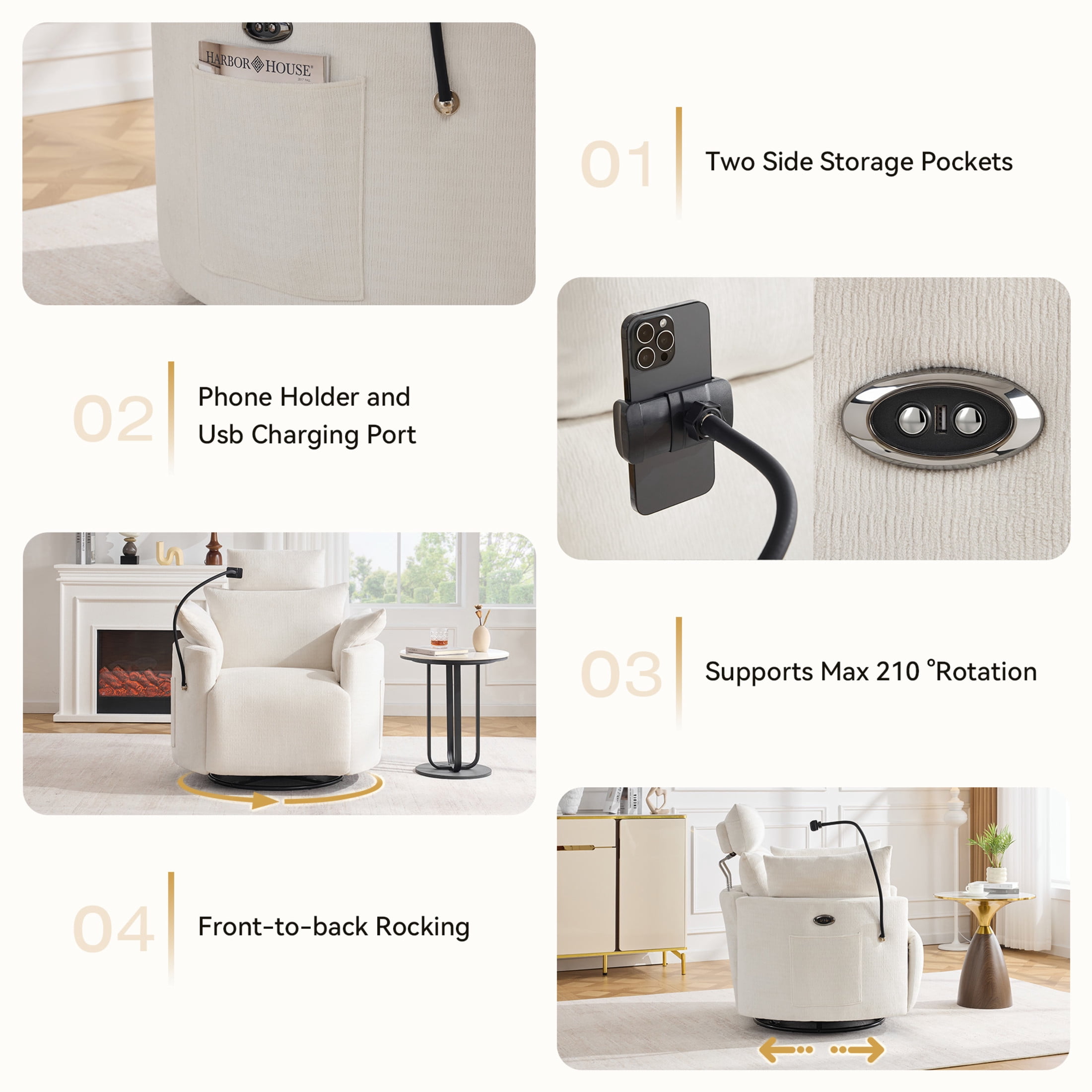 Noble House Sigrid 210° Swivel Rocking Recliner Chair, Electric Power Adjustable Chenille Armchair with USB, White