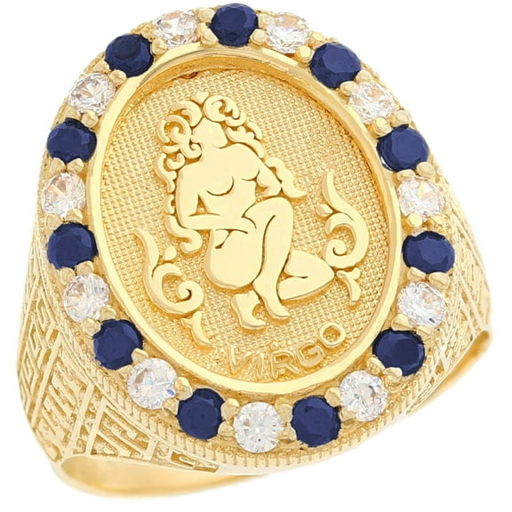 JackAni 14k Yellow Gold Zodiac Virgo Oval Halo Blue Sapphire and Diamond Men's Heavy Ring