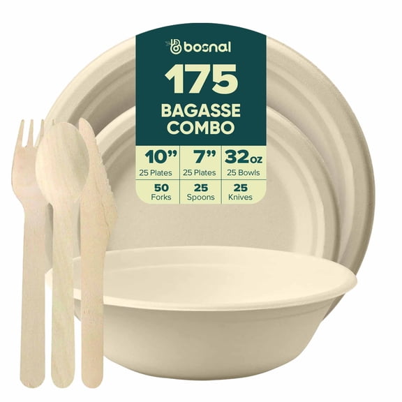 BOSNAL 10 inch and 7 inch Round Compostable Dinner Plates with 32 oz Bowls and Cutlery, Sugarcane Bagasse Disposable Meal Set for Parties, Catering and Events