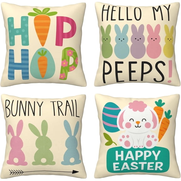 4PCS 18x18 Easter Decor Pillow Covers, Easter Eggs Bunny Spring Farmhouse Decors Throw Pillows Cover for Home Decorative