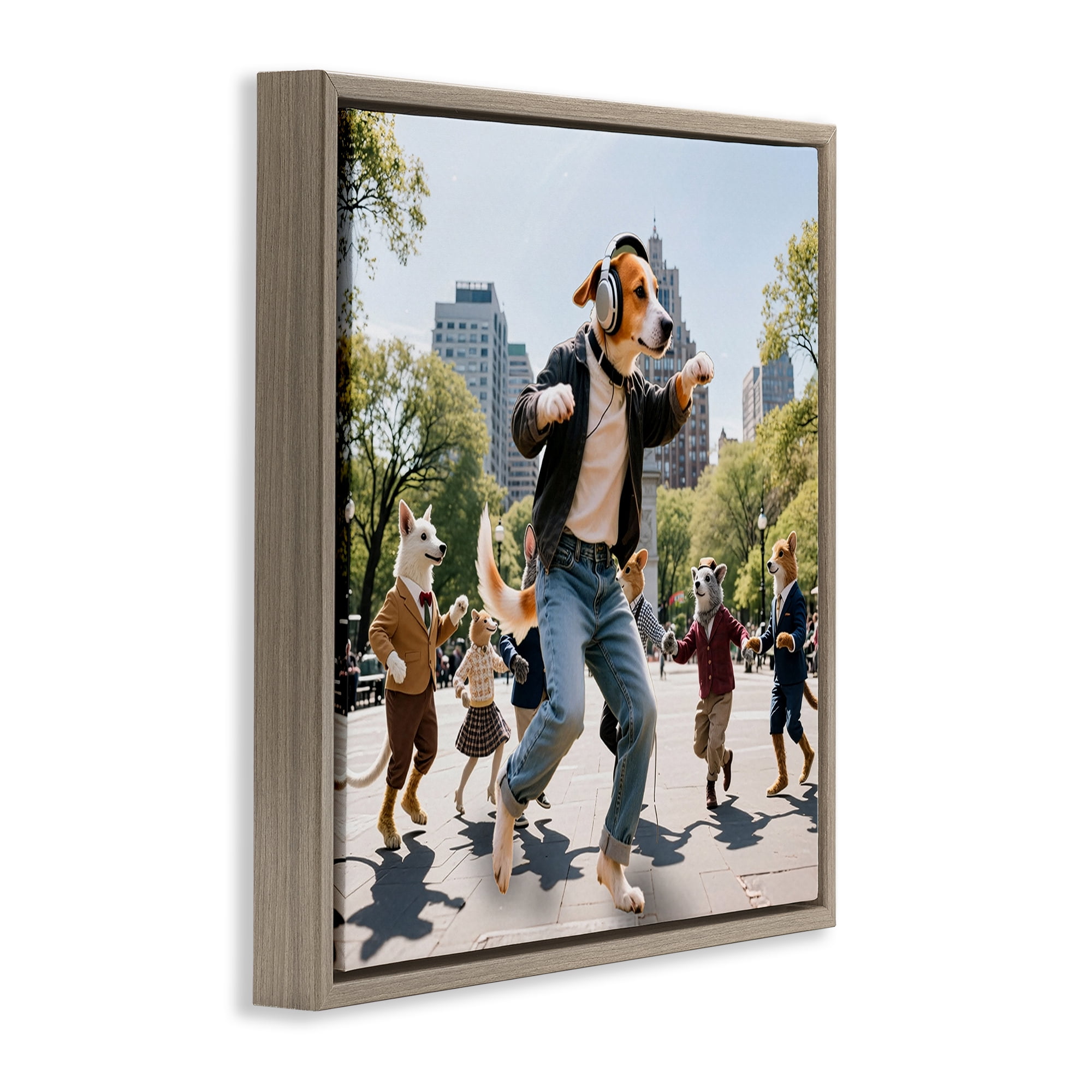 Stupell Industries Stylish Dog Dancing in Park Brown Framed Floater Canvas Wall Art, design by CAD Designs