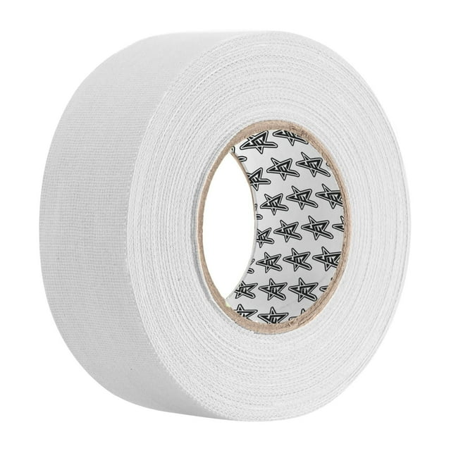 Future Stars White Hockey Tape Single Roll - 60ft, a close-up front view of a white textured hockey tape roll with a cardboard core printed with black star logos, made for taping hockey stick blades to enhance grip and protect equipment, also suitable for taping socks or shin guards.