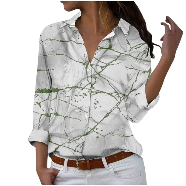 Camisetas de Mujer Casual, Manga Larga Impresa Solapa Botón Arriba Blusa, Ajuste Regular Poliéster Superior