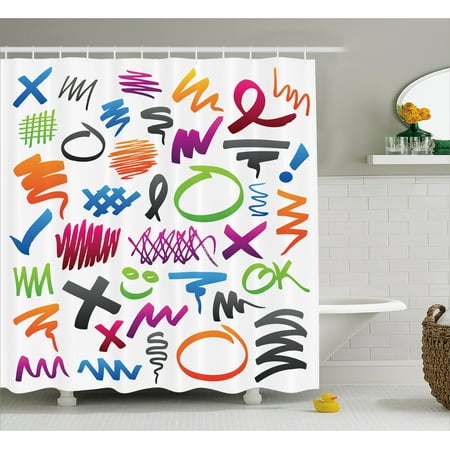 Shower Pencils - Doodle Shower Curtain, Pencil Drawings with Vibrant Colors Lines Marker Strokes Circles and Other Shapes, Fabric Bathroom Set with Hooks, 69W X 70L Inches, Multicolor, by Ambesonne