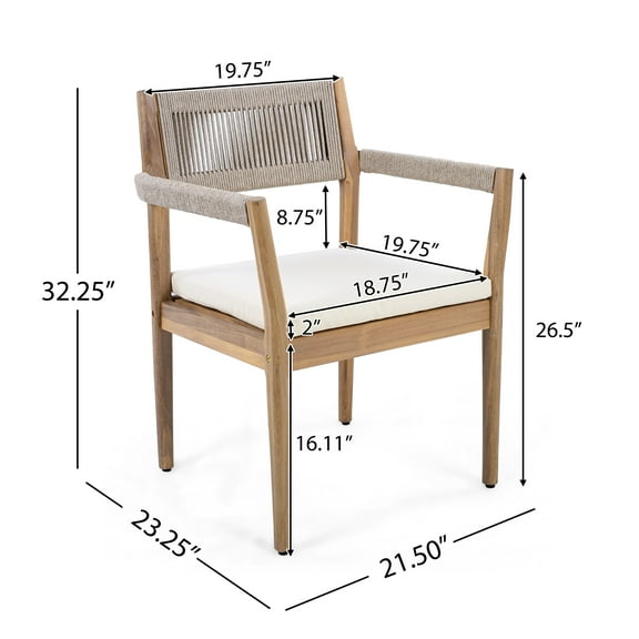 Patio Seating Braided Acacia Wood Outdoor Dining Chairs Set of 2 – Teak Look with Beige Rope & Cream Cushions, Armrests – All-Weather Patio Furniture for Garden, Poolside, and Backyard (Durable & Sty