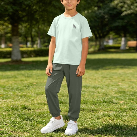 Girls and Boys 2 Piece Outfit Sets Solid Color Round Neck Short Sleeve T Shirt and Jogger Pants Set Casual Active Outfit Soft Comfortable Loungewear for Daily Outdoor Wear 3-16 Years