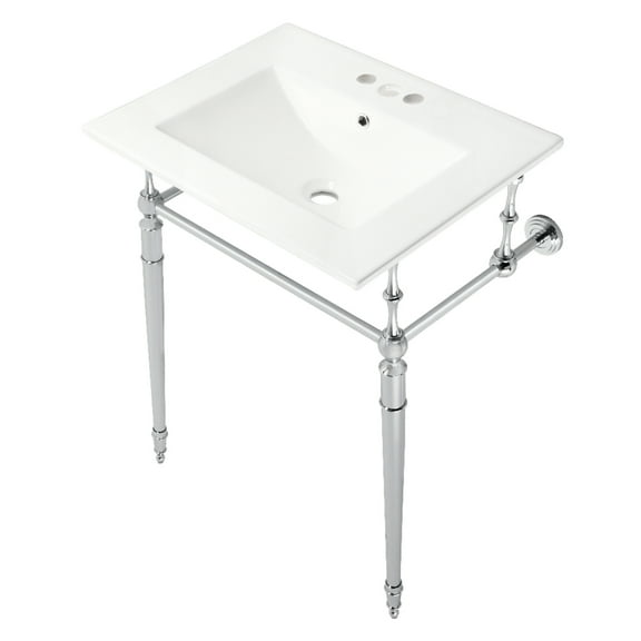 Kingston Brass KVPB24187W4CP Edwardian 24" Ceramic Console Sink with Brass Legs (4-Inch, 3-Hole), White/Polished Chrome