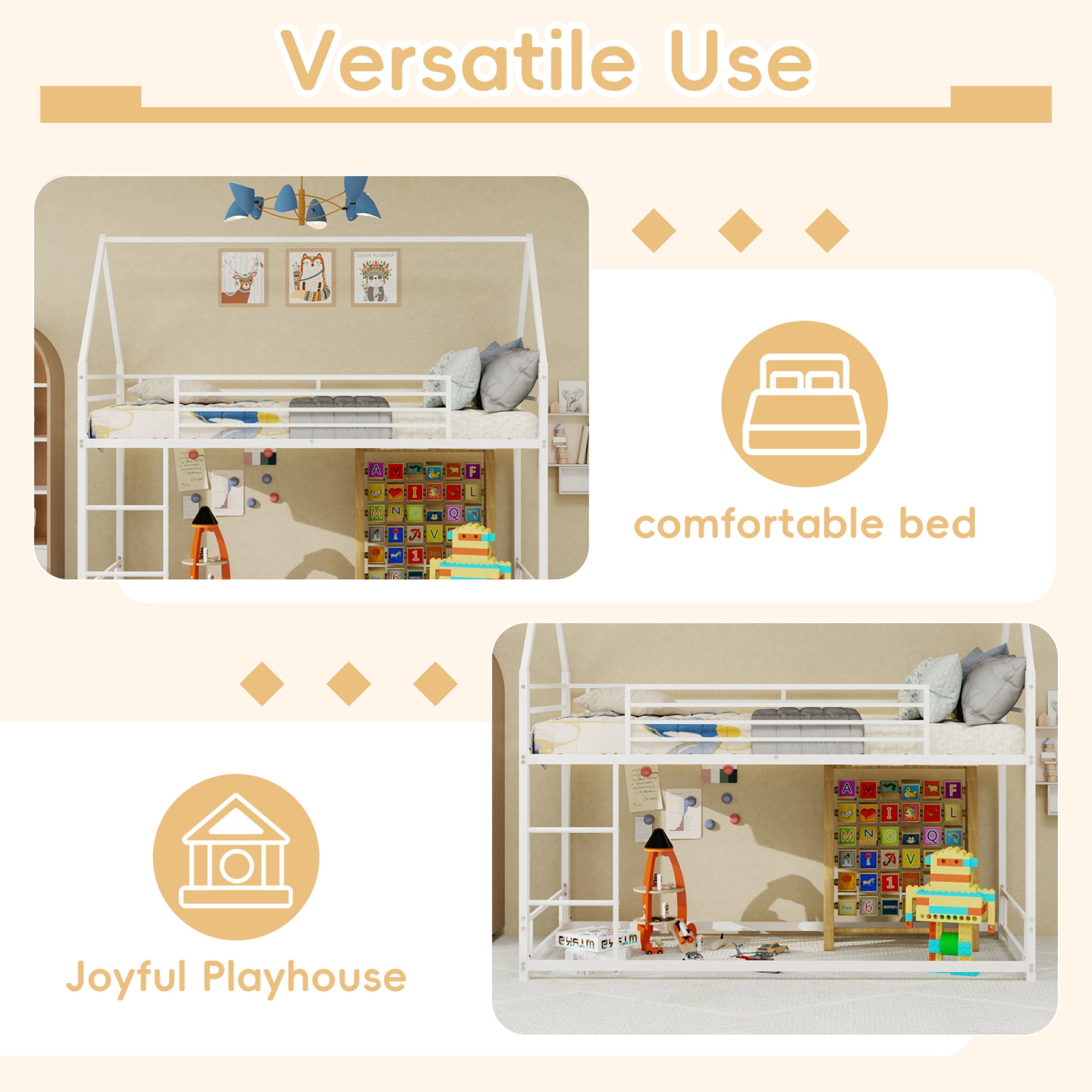 Leumius Twin Size Loft Bed,House Shape Metal Bed with Sturdy Frame, Space-Saving Design and Playhouse Style for Kids' Bedroom White