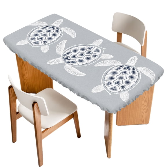 White Sea Turtles Fitted Rectangle Tablecloth 32" x 72" Coastal Summer Ocean Gray Backdop Elastic Table Cloth Fits for 6 Foot Folding Tables Waterproof Table Cover for Picnic Camping Outdoor