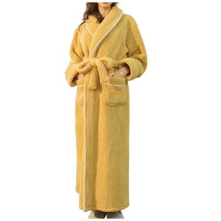 Mrat Plus Size Lingerie Women Solid Bandage Robe Robe for Women Satin Robe Long Robes for Women Nightdress Bathrobe Gown Pajamas Long Sleepwear Pocket Waistband+Belts Yellow M