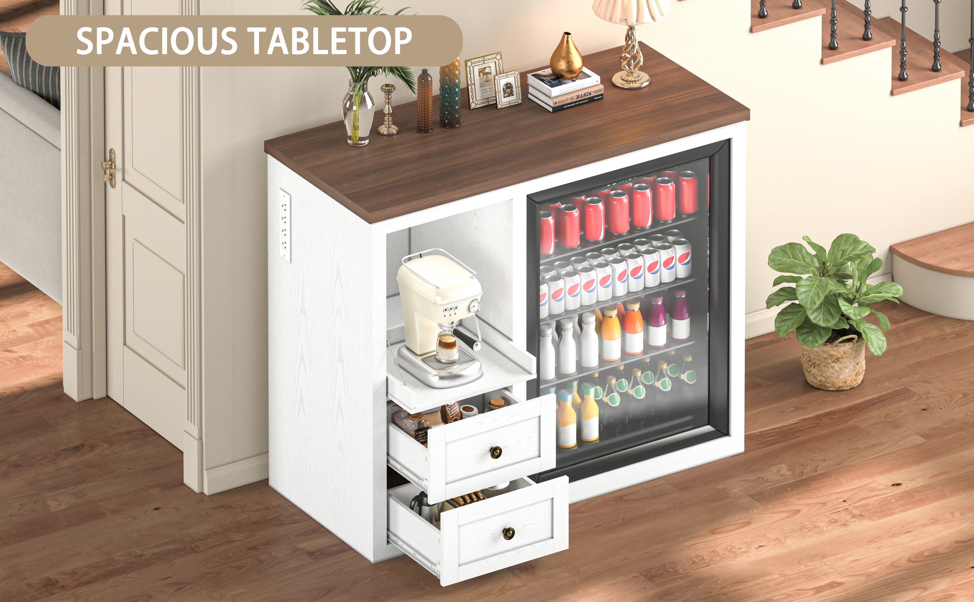 JassmiPkwy Mini Fridge Stand with Built-in Storage, Coffee Bar Cabinet with 2 Drawers & Power Outlet, for Coffee Maker, Microwave, White