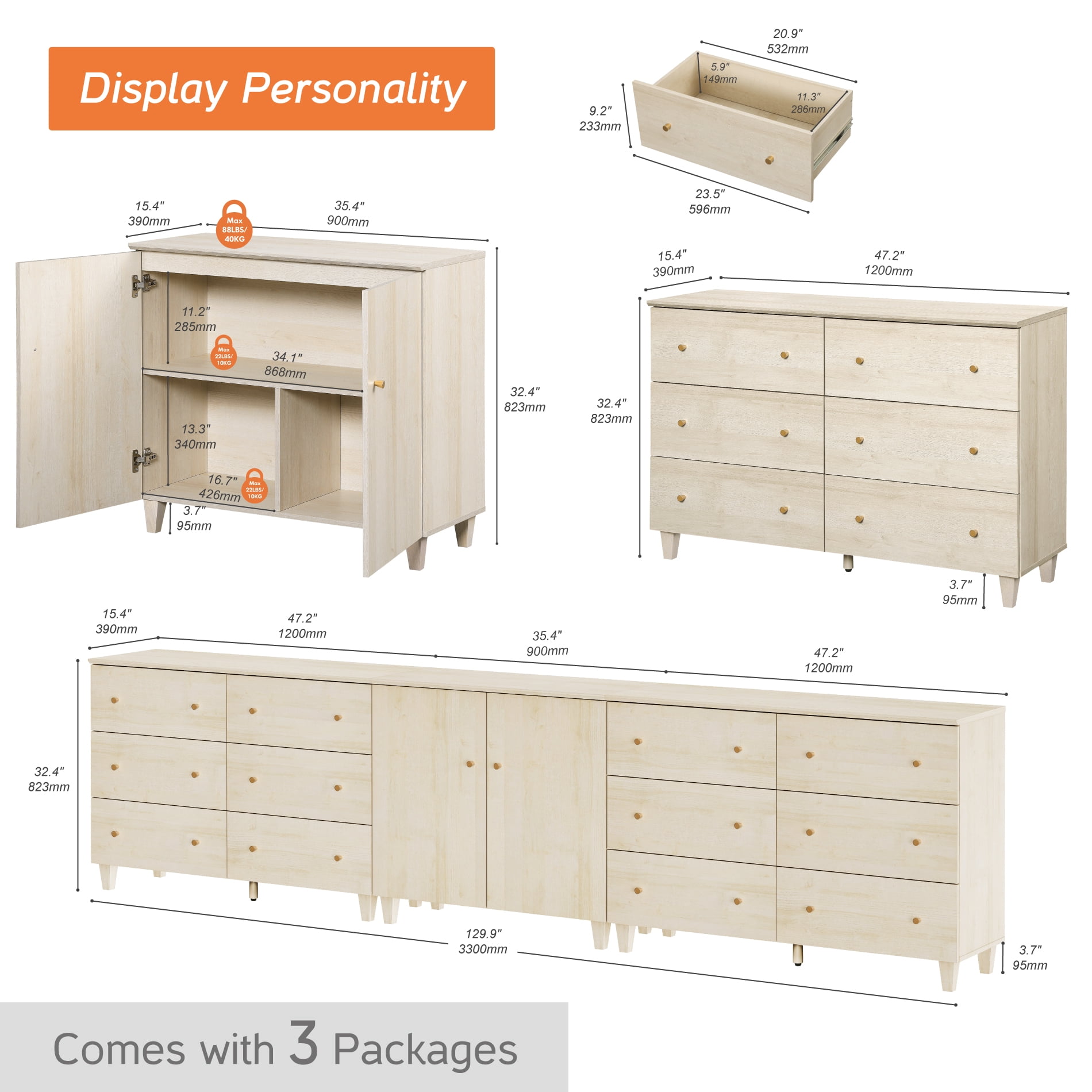 WAMPAT Wood Dresser with 12 Drawers and 1 Cabinet for Bedroom, Modern Chest of Drawer, 130" Wide, Light Oak Wood Finish