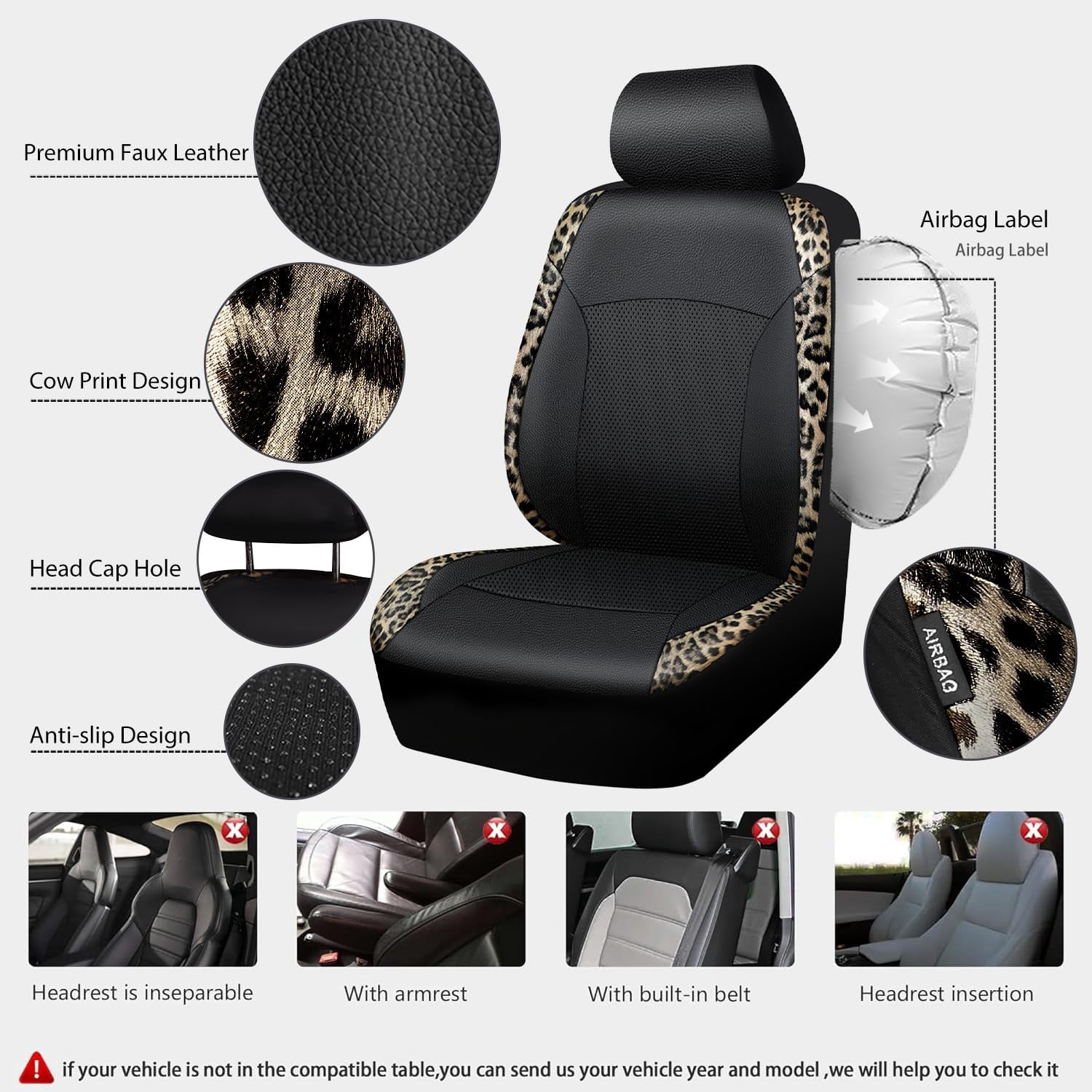 CAR PASS Leopard Print Faux Leather Car Seat Covers & Leopard Car Mats&Leopard Steering Wheel Cover Seat Belt Pad Universal Car Accessories for SUV,Van,Saden,Truck Automobile Interior Sets