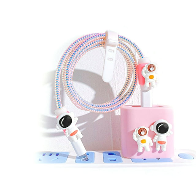 Funda protectora para cargador Astronauta Transpirable Fácil instalación Cargadores de silicona Protector de cable para cargadores de 18W 20W Juego de 4 piezas (Rosa)