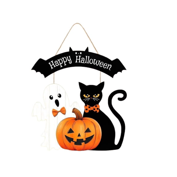 Halloween Decorations Wooden Hanging Welcome Sign for Front Door | Home Wall Decor,Cute Ghost,Black Cat ＆ Pumpkin,Durable Fall Wreaths for Horror Party