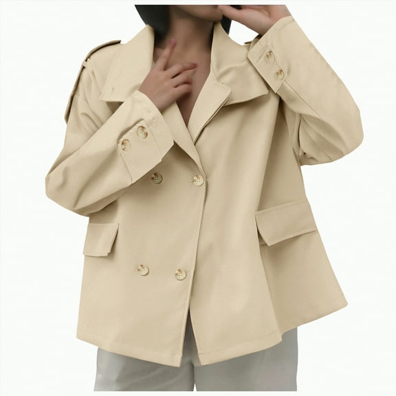 Towmus Cropped Trench Coat for Women Fashion Long Sleeve Lapel Casual Loose Fit Jacket with Pockets Double Breasted Short Blazer Jackets