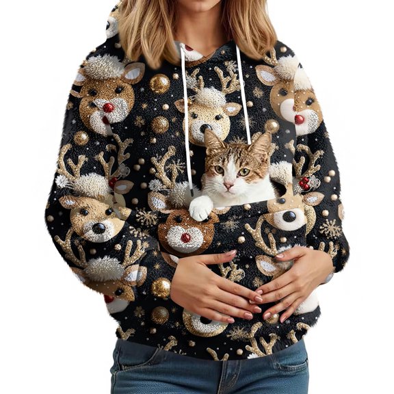 Flannel Pet Pouch Hoodie for Women, Christmas Reindeer Snowflake Print Pullover Sweatshirt with Cuddle Pet Pocket