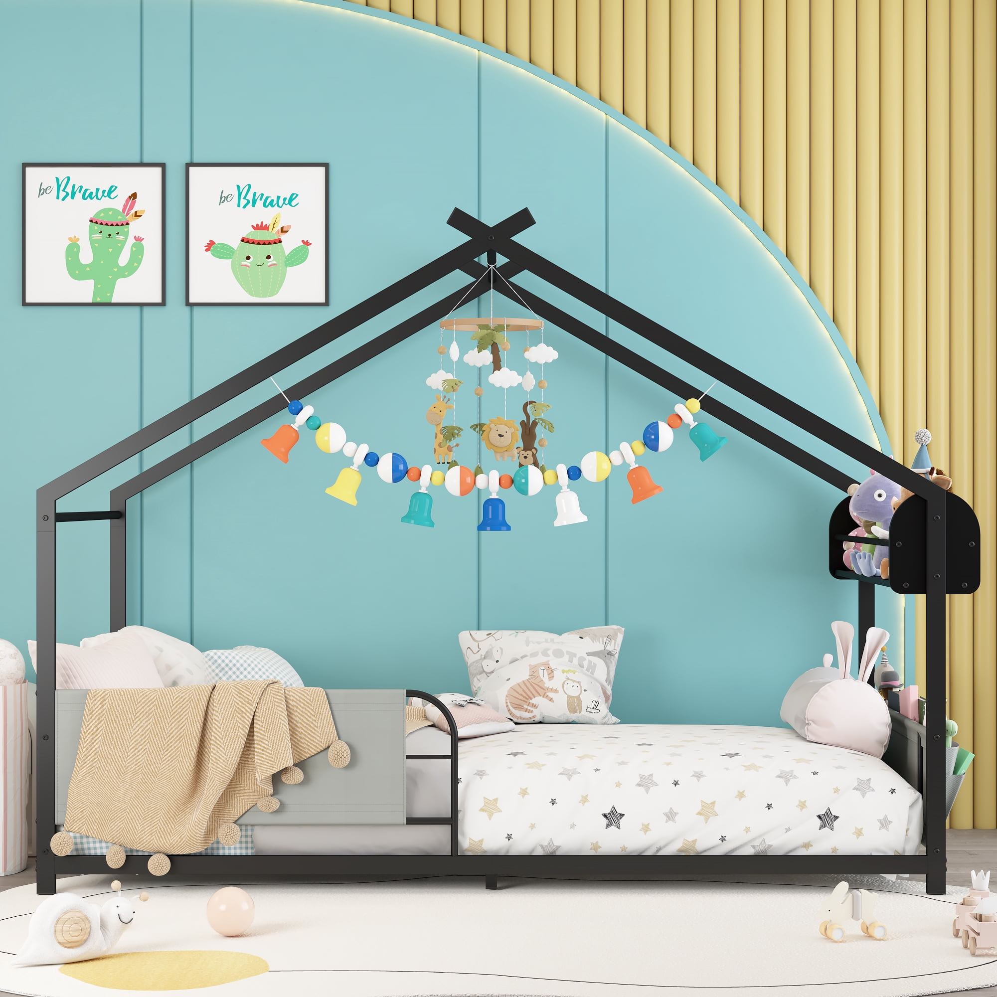 Yoneston Twin Size House Floor Bed with Storage Caddy and Shelf for Kids, Sturdy Metal Bed Frame with Guardrail for Toddlers, Boys and Girls - Black