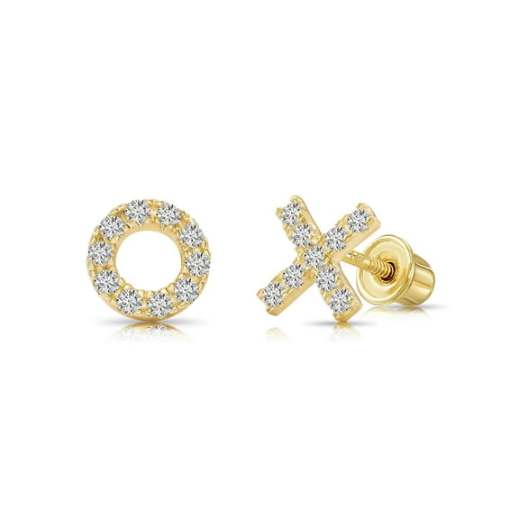 Tilo Jewelry 14K Yellow Gold Pave XO Stud Post Earrings with Cubic Zirconia CZ Stones | Secure Screw-Backs | Dainty Everyday Earrings for Women & Unisex