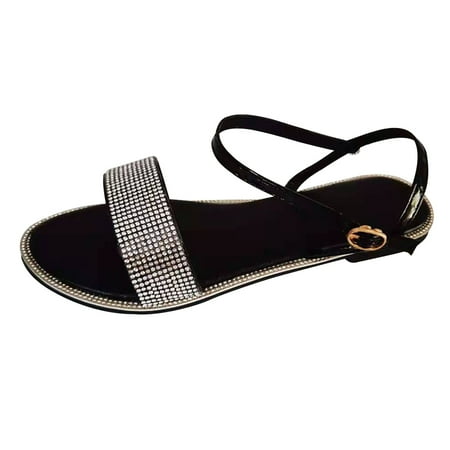 

Follure Girl women s casual shoes Women s Summer Flat Round Toe Sandals Outdoor Casual Crystal Buckle Strap Shoes Black 41