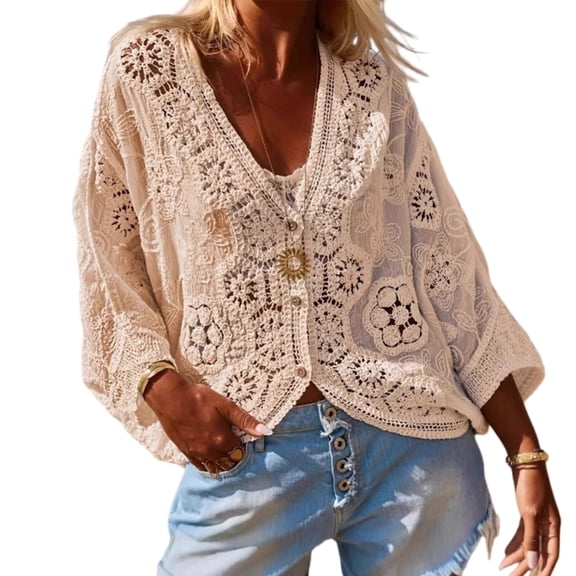 ROZYARD Lightweight Bohemian Style Lace Trim Top Beach Vacation Oversized Shirt