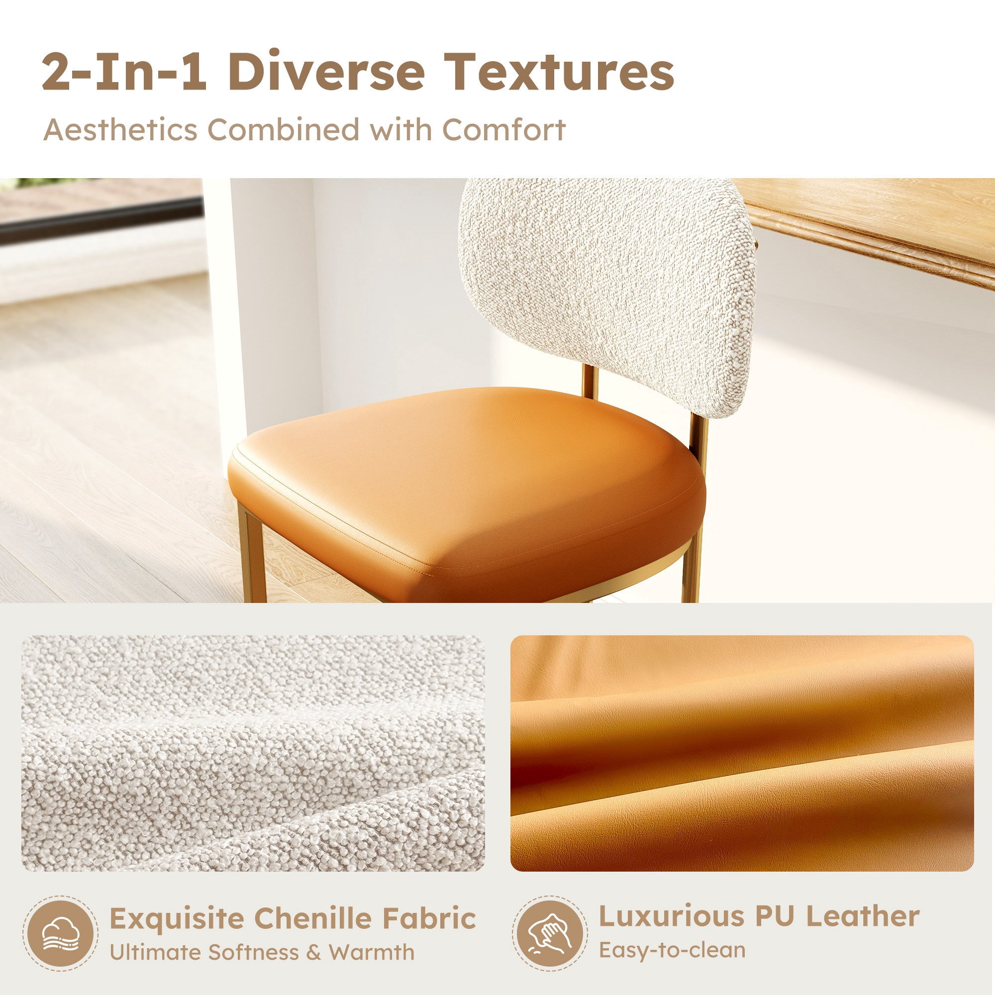 MF Studio Counter Height Bar Stool with Back, 24.8" Modern PU Upholstered Bar Chair with Large Chenille Back and Metal Frame, Bronze