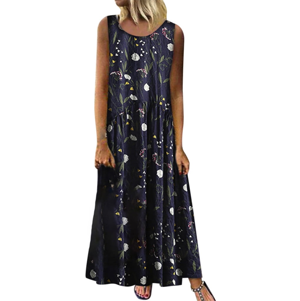 Womens Dresses Casual Plus Size Bohemian O-Neck Floral Print Vintage Sleeveless  Long Maxi Dress - Walmart.com