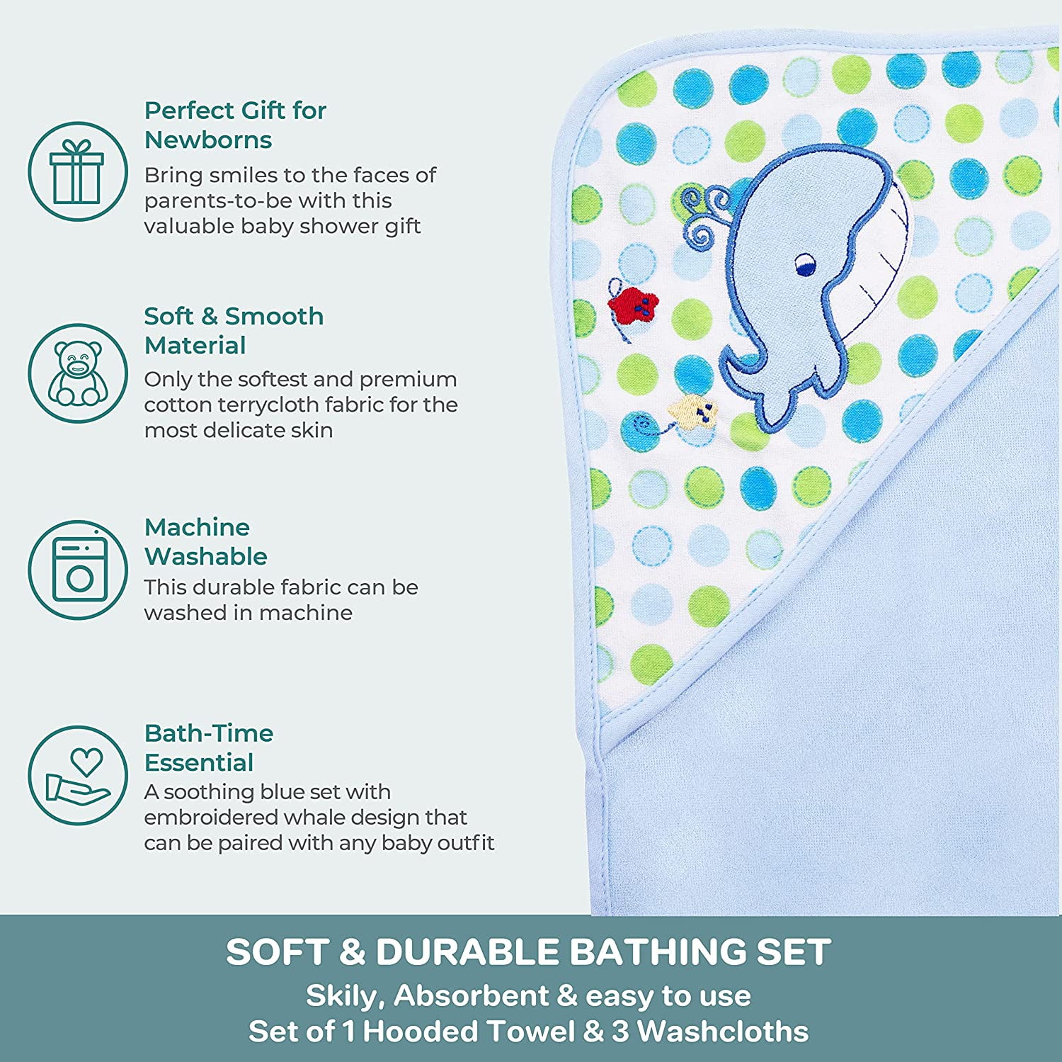 Spasilk Baby 1 Hooded Terry Towel & 3 Washcloths Set for Baby Boys, Blue Whale
