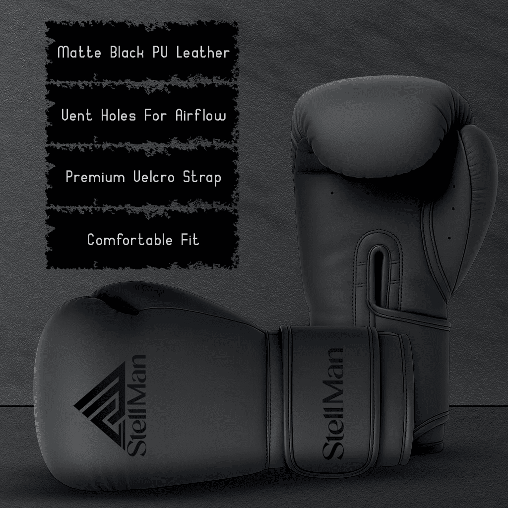 StellMan Black Boxing Gloves for Training Sparring Kickboxing with Wrist Support and Foam Padding