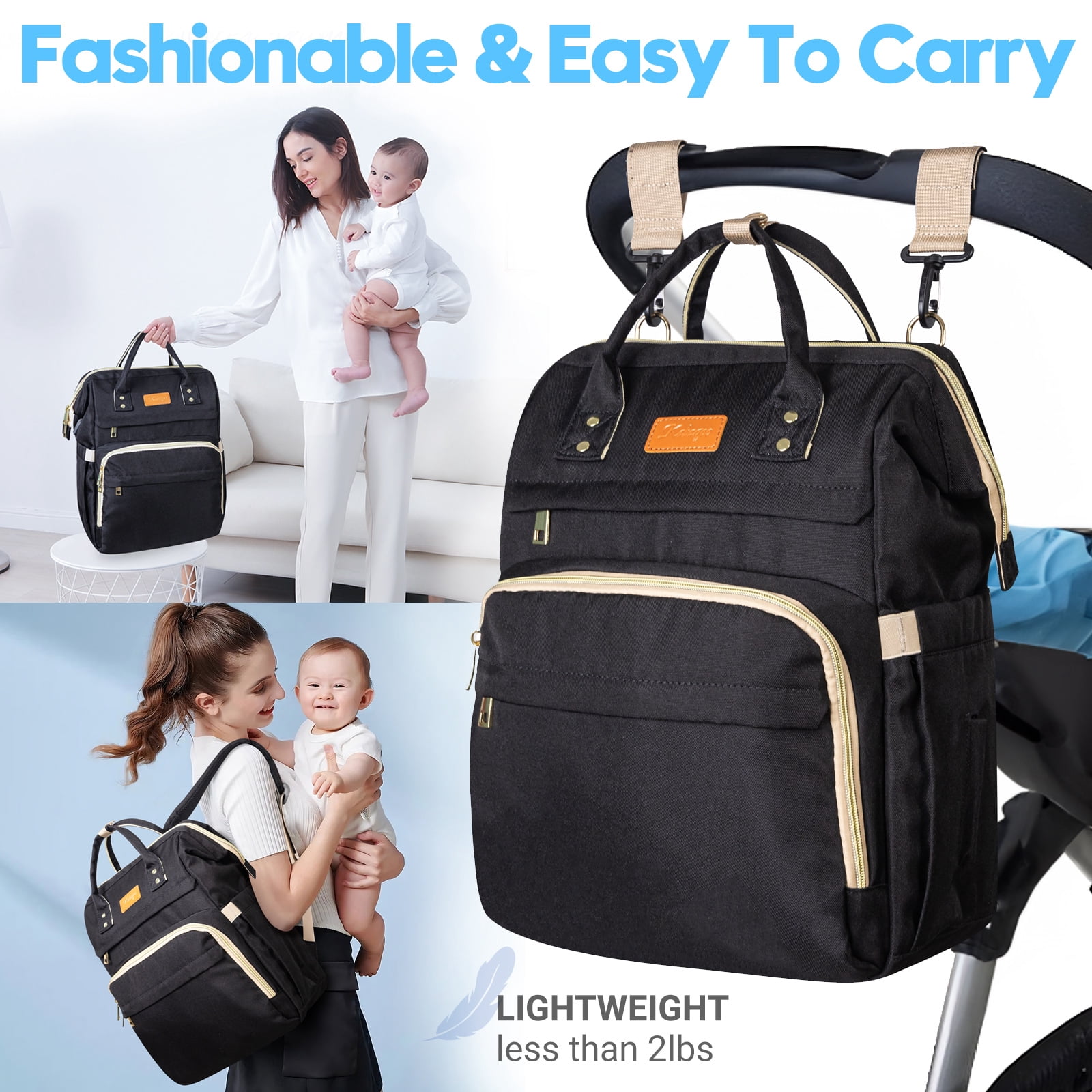 Diaper Bag Backpack with Portable Changing Pad, Large Unisex Baby Bags for Boys Girls, Multipurpose Travel Backpack Moms Dads, Black