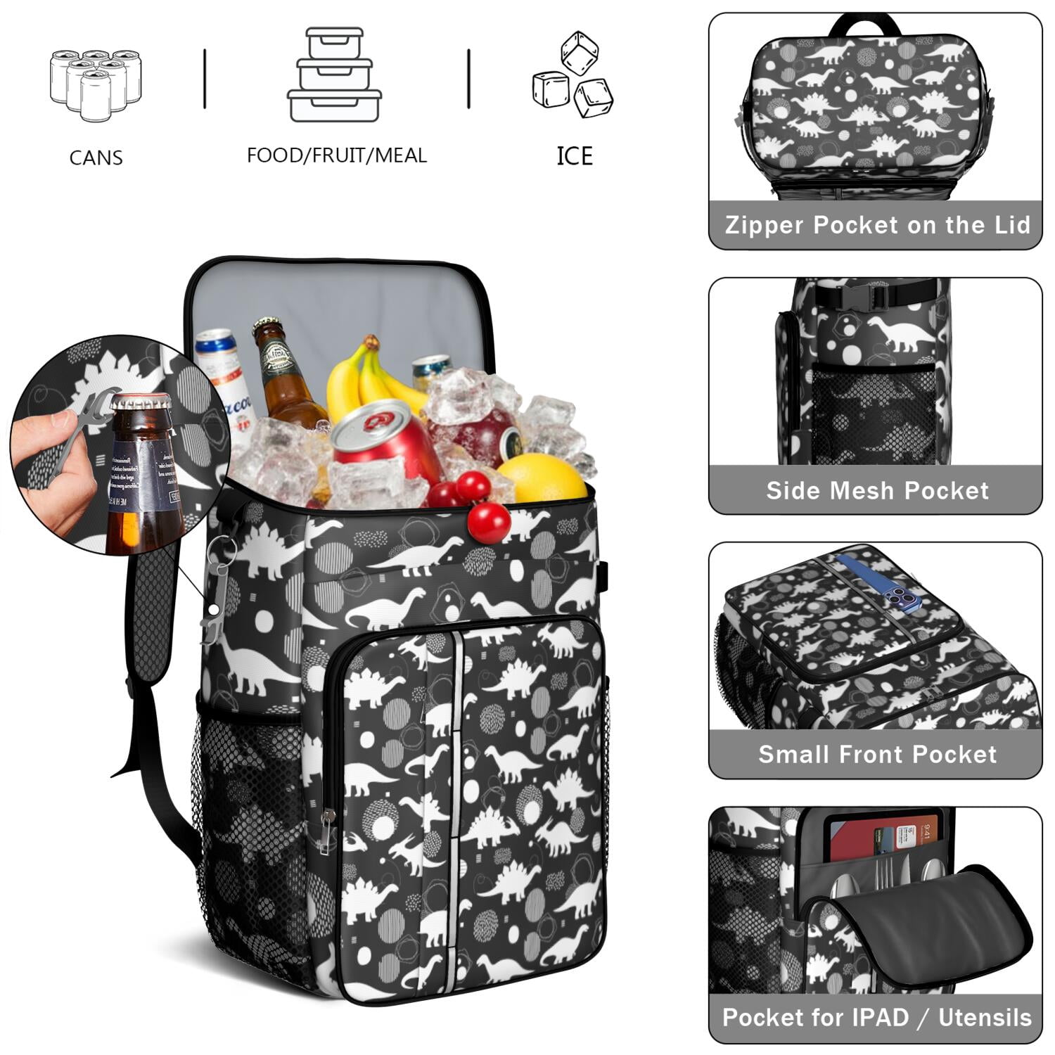 Travel Cooler Bag - Dinosaur Silhouette Pattern Camping Beer Cooler Backpack with Bottle Opener- Waterproof Insulated Picnic Backpacks - Cooler Bag for Beach