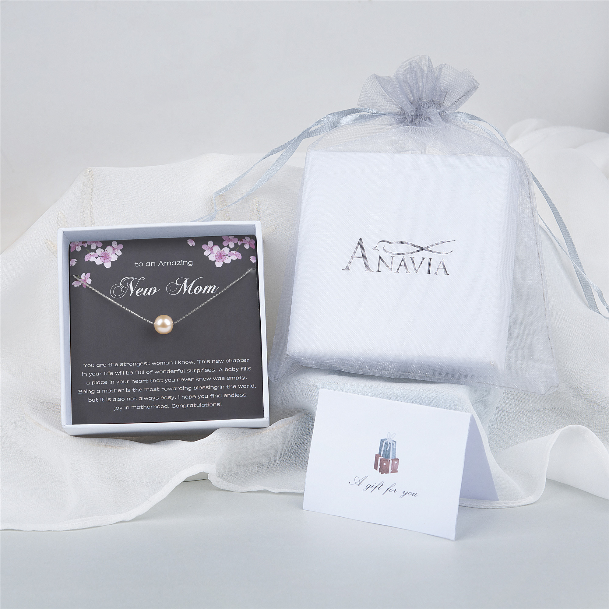 Anavia To An Amazing New Mom Gift Card, New Mom 925 Sterling Silver Pearl Necklace, Congratulations to the New Mom Gift -[Pink Pearl + Silver Chain]