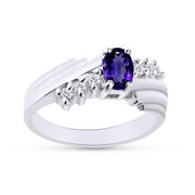 Oval Shape Natural Diamond And Simulated Alexandrite In 14K White Gold Over 925 Sterling Silver Ring Size 4