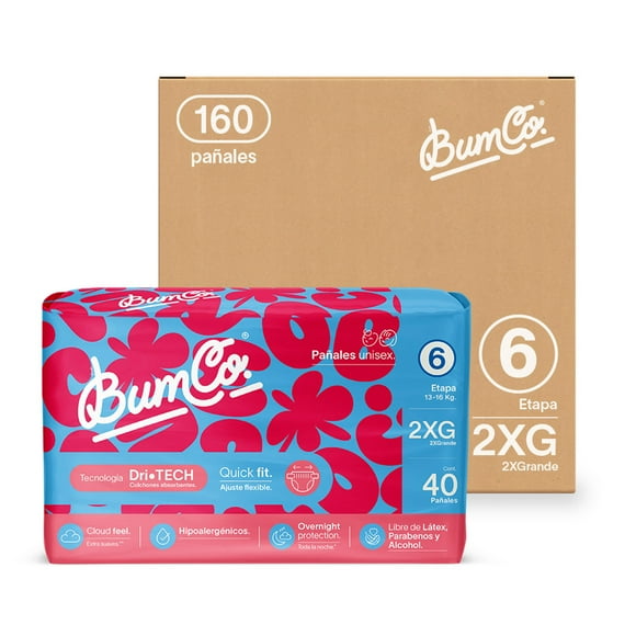 Bum Co.| Pañal desechable para bebé, Etapa 6, XXG (13 a 16 kg), Unisex, Caja con 160 pz | Overnight Protection, Cloud Feel, Hipoalergénicos, Dri-Tech