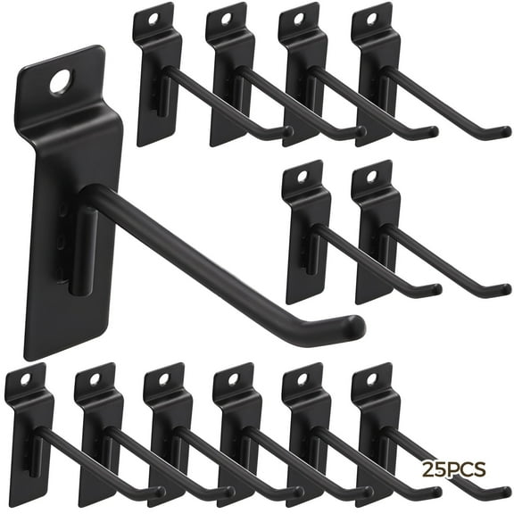 25 Pack Heavy Duty Wall Hooks - 3.9" Black Iron Gridwall Hangers 50lb Capacity | Gridwall Hooks with Hardware for Garage, Shop, Hardware Store & Retail Storage